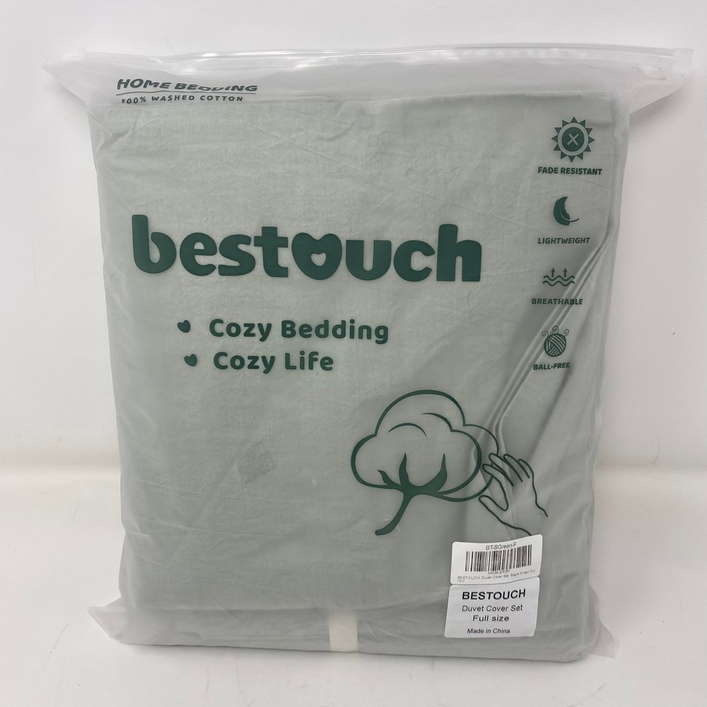 BESTOUCH Full Duvet Cover Set Sage Green 100% Washed Cotton Breathable